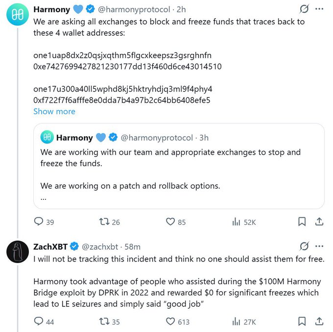Harmony (@harmonyprotocol) is requesting exchanges to block and freeze funds tracing back to four wallet addresses following a hack, while ZachXBT (@zachxbt) publicly refuses to assist, citing that Harmony previously rewarded $0 to those who helped during the 2022 $100M DPRK Harmony Bridge exploit.