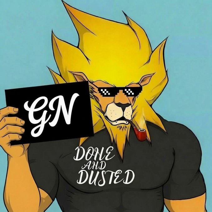 An illustrated lion character wearing pixelated sunglasses and smoking a pipe holds a sign reading 'GN,' with the text 'DONE AND DUSTED' on its shirt.