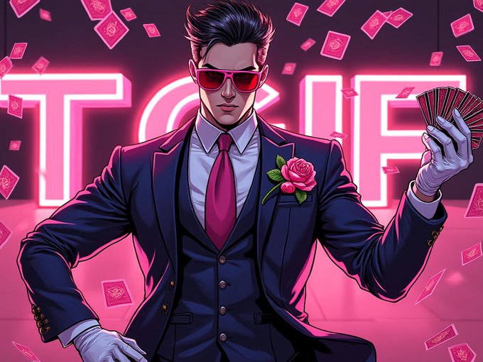 An illustrated image of a stylish man in a dark suit with a pink tie, white gloves, and red sunglasses holding a fan of playing cards, set against a pink neon "TOK" backdrop with cards falling around him.