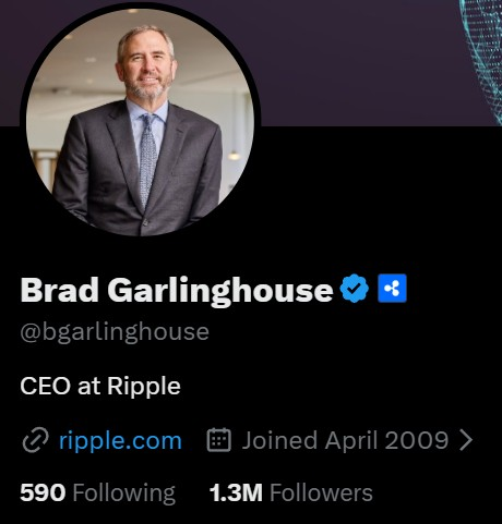 The image shows the X/Twitter profile of Brad Garlinghouse, CEO at Ripple, featuring his profile picture, @bgarlinghouse handle, and stats including 590 Following and 1.3M Followers. The caption relates to the post by highlighting how Garlinghouse's "Following" count in the image is now 590, matching the slight increase referenced in the tweet about $XRP.