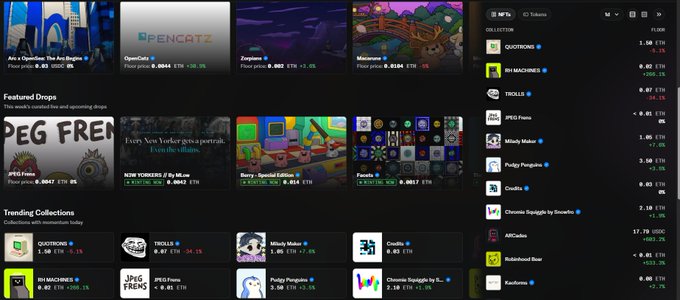 The image shows the OpenSea NFT marketplace homepage displaying trending collections, with "TROLLS" visible in both the left "Trending Collections" section and the right sidebar ranked #3 with 0.07 ETH volume. The post's claim aligns with the screenshot, as the Trolls NFT collection is indeed prominently featured as the #3 trending collection across the platform's main listings and sidebar rankings.