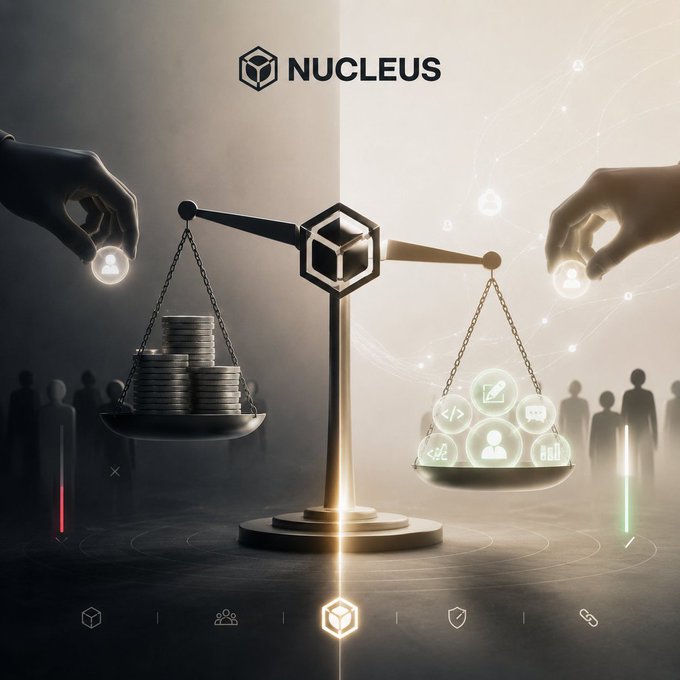 A promotional graphic for 'NUCLEUS' featuring a balance scale weighing stacks of coins on one side and glowing digital community icons on the other.