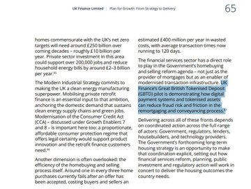 The image shows a page from a financial publication discussing UK Modernising the Consumer Credit Act (CCA) reforms, mentioning figures like £10 billion and £2-3 billion, and references to the "Tokenised Deposits" pilot project aimed at addressing slow homebuying processes through digital transformation.