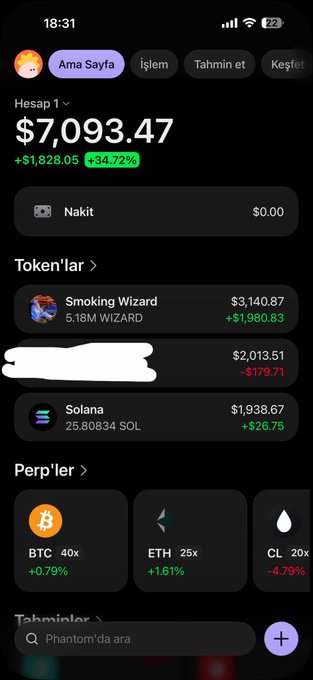 A phone screenshot shows a crypto portfolio dashboard displaying a total balance of $7,093.47 (up +$1,828.05 / +34.72%), with a notable holding called "Smoking Wizard" (WIZARD) showing +$1,980.83 gains—matching the post's story of taking partial profits on a winning token while holding the rest as a "moonbag."
