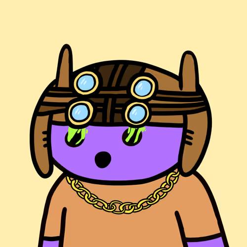 A cartoon illustration of a purple character wearing a brown gladiator-style helmet with blue gems, a gold chain, and a brown tunic.