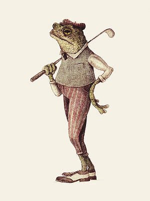 An anthropomorphic illustration of a frog dressed as a Victorian golfer, wearing a red cap, gray sweater vest, striped pants, and white shoes, while holding a golf club over its shoulder.