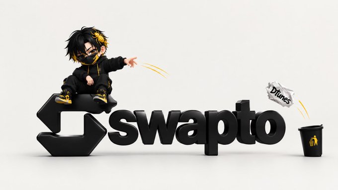 A 3D logo for 'Swapto' features a stylized character with black and yellow hair sitting on the 'S' letter, tossing a crumpled paper labeled 'Divines' into a trash bin.