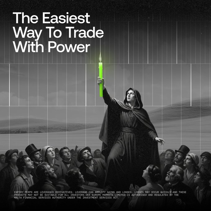 A hooded figure raises a glowing green candle (resembling a financial price chart) above a captivated crowd in a black-and-white illustration, beneath the headline "The Easiest Way To Trade With Power." The image visually reinforces the post's message about OKX's new "Simple Mode" for trading X-Perps with up to 10× leverage, with the bright green candle symbolizing the empowering, simplified trading experience now available in Europe.
