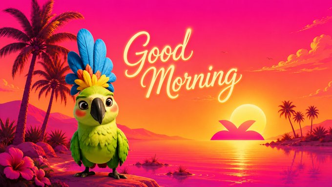 A vibrant illustration features a cartoon green parrot with blue and yellow head feathers standing on a rock against a pink and orange sunset, with the words 'Good Morning' written in glowing yellow script.