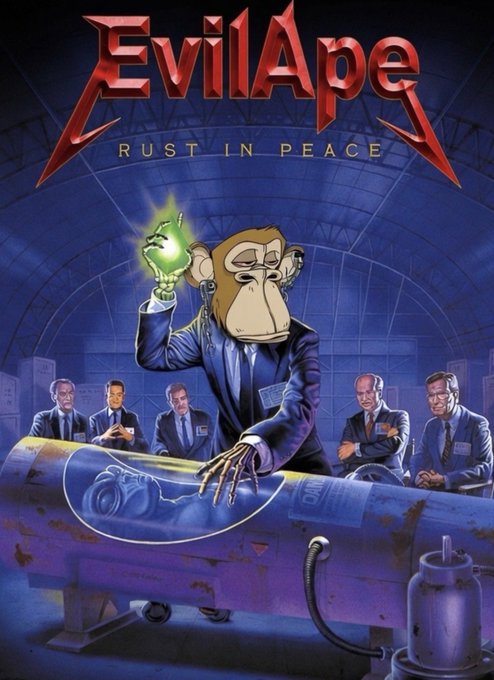 An illustrated album or comic cover titled 'EvilApe: Rust in Peace' depicting an ape in a business suit holding a glowing green object, standing over a cylindrical container with other suited figures watching in the background.