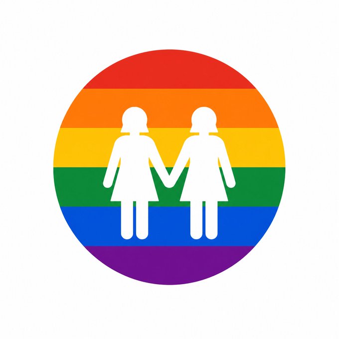 A circular logo featuring two white female figures holding hands against a rainbow pride flag background.