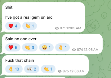 A Telegram chat screenshot shows users mocking a coin with messages like "Shit," "I've got a real gem on arc," "Said no one ever," and "Fuck that chain," with reactions including thumbs up and clown emojis, reflecting the skeptical tone of the accompanying post questioning the future of Arc onchain trading if $argus fails to surpass a 50m market cap.