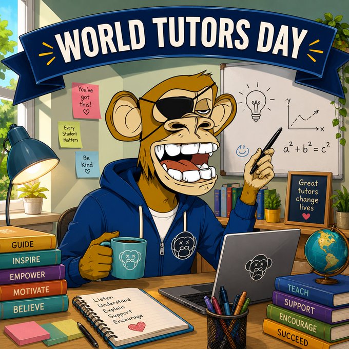 A cartoon monkey wearing an eye patch and hoodie, holding a pen and mug at a desk, promoting 'World Tutors Day' with books labeled Guide, Inspire, Empower, Motivate, and Believe.