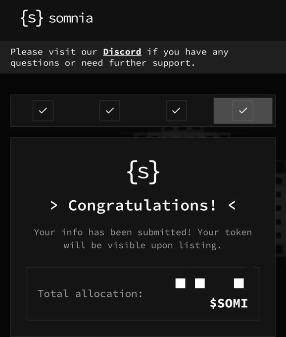 The image shows a screenshot of a webpage that has information about a free program called "Somnia" with a black background. The screen also displays three buttons labeled "Congratulations", which indicates some success or achievement related to the program registration process.
