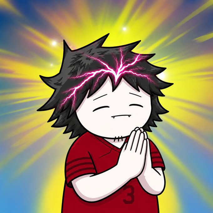 An anime-style illustration of a chibi character with spiky black hair, pink lightning crackling across their face, hands pressed together in prayer, wearing a red shirt with the number 3, against a glowing yellow background.