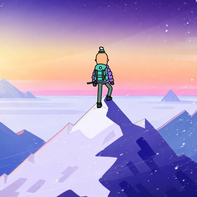 A cartoon character with a backpack and ice axe stands triumphantly atop a snowy mountain peak, gazing out at a pastel-colored sky filled with stars, symbolizing perseverance and the pursuit of higher goals as a metaphor for an upcoming OpenSea NFT drop.