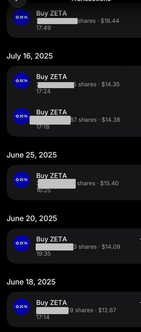 A mobile app transaction history shows multiple 'Buy ZETA' stock purchases over several dates in June and July 2025 at prices ranging from $12.67 to $18.44 per share.