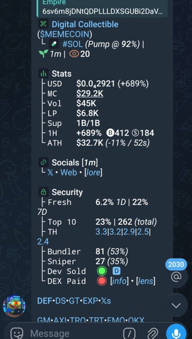 A Telegram bot message displaying crypto token stats for '$MEMECOIN' ($SOL Pump @ 92%) with USD $0.2921 (+689%), MC $29.2K, security metrics showing 6.2% fresh, and 81 bundlers (53%).