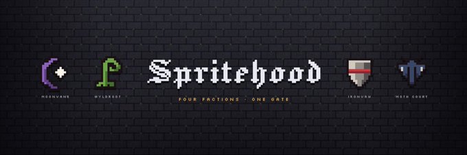 A dark banner with a brick wall background displays the title 'Spritehood' with the tagline 'FOUR FACTIONS · ONE GATE' and four pixel-art faction emblems labeled 'MOONGAZE', 'WYLBERRY', 'IRONVEIN', and 'MOTH COURT'.