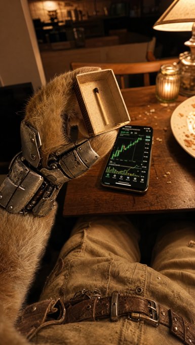 An AI-generated image depicting a furry creature's paw in armor checking a green trading chart on a smartphone, sitting at a dining table as if in a medieval setting.