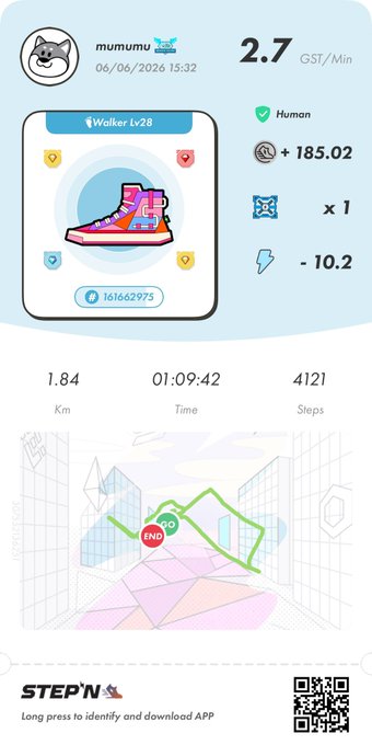 The image shows a step tracking app with a cartoon character wearing pink shoes, which appears to be a dog or cat. The app displays information about the user's steps taken during the day, including their location and distance traveled. There are also icons representing different activities such as walking, running, and cycling. The post is titled "StepN Go! StepN Go! StepN Go!" and has a caption that reads: "今日は午後公園っぷん 中間達と鬼ごっこしてたから見守りつつSTEPN #StepNGO #StepN". The post is about a step tracking app and encourages users to engage in physical activity.