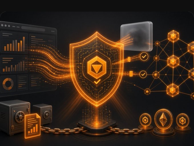 A digital illustration featuring a glowing orange security shield with an Ethereum logo, surrounded by safes, charts, and blockchain network icons.