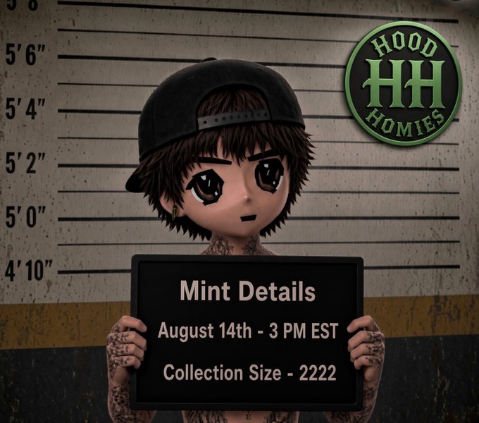 A stylized cartoon character wearing a black cap and holding a "Mint Details" mugshot-style sign is set against a police lineup backdrop, with the Hood Homies logo in the top right corner. The sign displays the mint date "August 14th - 3 PM EST" and "Collection Size - 2222," matching the upcoming NFT mint details for the 2,222 Hood Homies collection on the Robinhood blockchain.