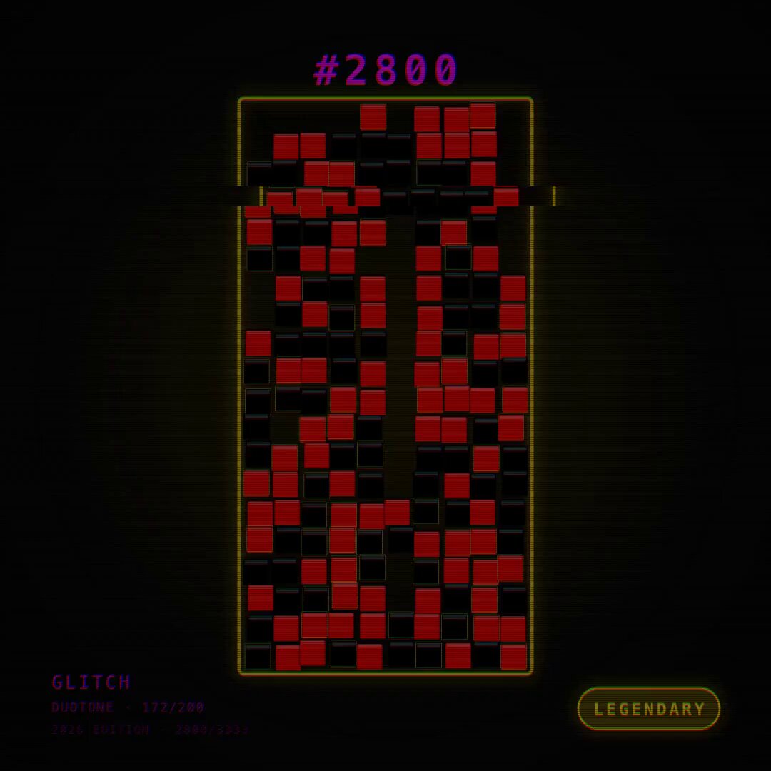The image features a large screen with a grid of red and black squares arranged in rows and columns. The squares are predominantly red, but there are also some black ones scattered throughout the grid. The arrangement of these squares creates an interesting pattern that resembles a Rubik's cube or a similar puzzle game. The text "Blitch" is visible on the screen, which might be related to the game or simply part of the image description.