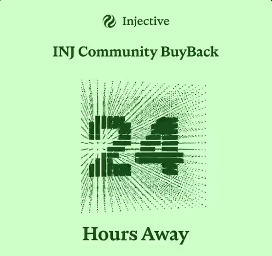 An Injective (INJ) promotional graphic with green background announcing 'INJ Community BuyBack' with a stylized '12' logo and text indicating 'Hours Away'.