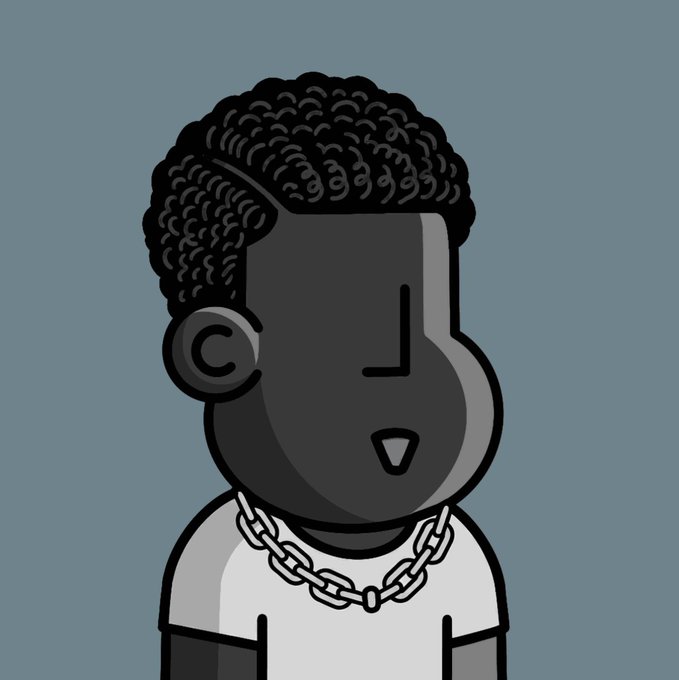A digital cartoon illustration of a character with dark skin, curly black hair, a nose ring, and a chain necklace wearing a white shirt against a blue-gray background.