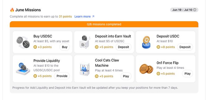 A screenshot of a "June Missions" promotion from Jun 19 - Jul 10 showing 0/6 missions completed, with up to 31 points available across six tasks: buying USDC (5U+ for 3 pts), depositing to Earn Vault (5U+ for 5 pts), depositing USDC (10U+ for 8 pts), providing liquidity (10U+ for 5 pts), and playing Cool Cats Claw Machine and On1 Force Flip (4+ times each for 5 pts). The image aligns with the post's description of a new Startale Group campaign, though the displayed end date (Jul 10) differs from the post's stated Jul 25 deadline.