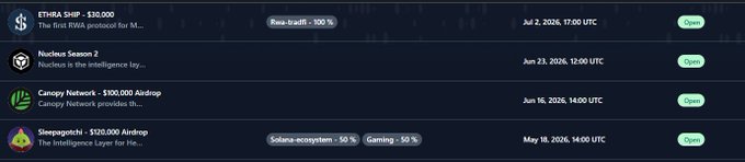 A crypto airdrop listing showing ETHRA $RNP - $30,000 (Rwa-BadFi - 100%), Nucleus Season 2, Canopy Network - $100,000 Airdrop, and Sleepagotchi - $120,000 Airdrop with various dates and Open buttons.