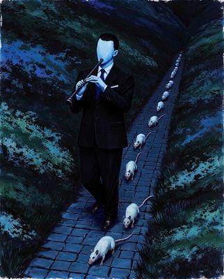 A surrealist painting of a faceless man in a dark suit playing a flute, walking down a cobblestone path followed by a line of white mice.