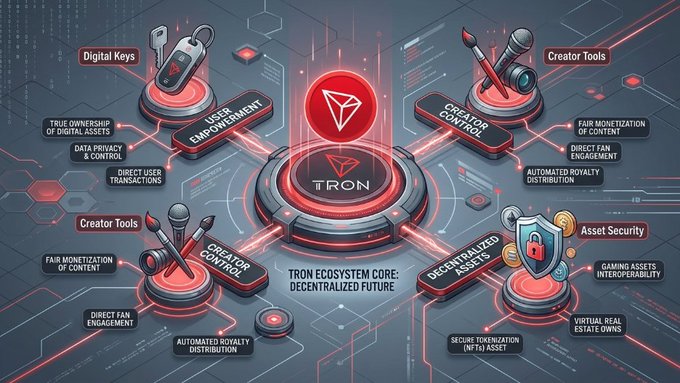 The image depicts a futuristic infographic showcasing the TRON ecosystem core, featuring a central TRON logo surrounded by interconnected modules highlighting User Empowerment (digital keys, true ownership, data privacy), Creator Tools (fair monetization, direct fan engagement, automated royalties), and Asset Security (decentralized assets, gaming interoperability, virtual real estate DWNs). It visually reinforces the post's message by illustrating how TRON's blockchain infrastructure provides the tools and security needed to support decentralized digital ownership for both users and creators.
