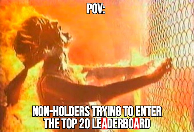 The image features a person holding up a sign that says "POV" with a caption about non-holders trying to enter the Top 20 leaderboard. The image also includes a reference to an article about non-holders trying to break into the top leaderboard, which is likely related to the post's title.