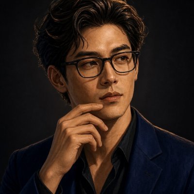 A stylish portrait of a young man wearing glasses and a dark blue blazer, posed thoughtfully with his hand near his chin, set against a moody dark background—perfectly capturing the contemplative "GM" (good morning) vibe for the post greeting fellow early risers.