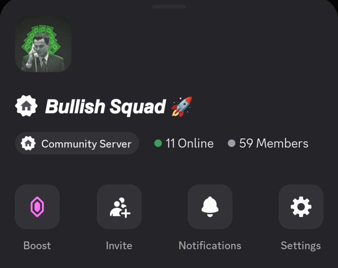 A Discord community server screen for 'Bullish Squad 🚀' showing 11 online members out of 59 total, with a profile picture of a man holding money.