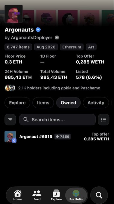 Screenshot showing the "Argonauts" NFT collection on OpenSea with a floor price of 0.3 ETH, 985.43 ETH in 24H volume, and 2.1K holders. The post celebrates the collection's launch, highlighting its rapid price increase from 0.12 ETH to 0.3 ETH and strong trading volume, which the image directly confirms.
