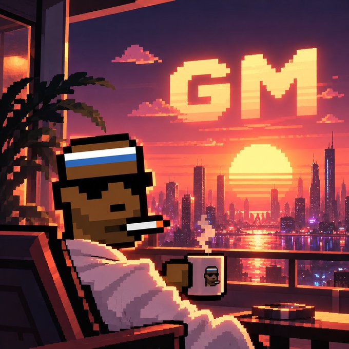 Pixel art of a character relaxing on a balcony holding a coffee mug while watching a sunset over a city skyline with 'GM' glowing in the sky.