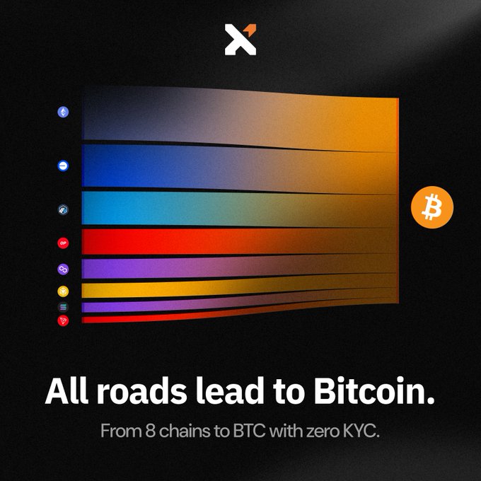 The image is a promotional graphic for X1 featuring a stylized visual of 8 different blockchain colored bars converging into a single Bitcoin (BTC) logo, with the text "All roads lead to Bitcoin. From 8 chains to BTC with zero KYC." 

The image reinforces the post's message by visually depicting the fragmentation problem Bitcoiners face when managing assets across 8 different chains, while X1's tagline positions their solution as a unified gateway that eliminates the need for multiple bridges, DEXes, and gas networks.