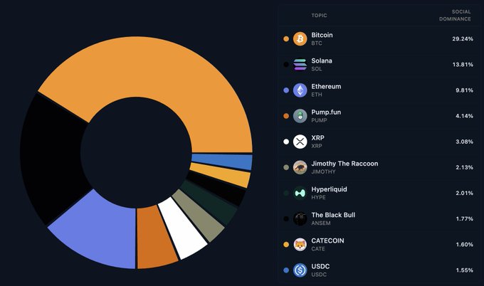 A donut chart displaying cryptocurrency social dominance percentages, with Bitcoin ($BTC) leading at 29.24%, followed by Solana ($SOL) at 13.81% and Ethereum ($ETH) at 9.81%, visually illustrating the breakdown between the top three cryptocurrencies and all others at 47.14%.