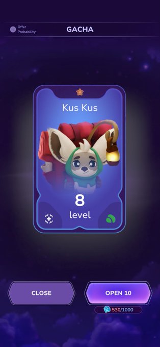 A mobile game screen displays a 'GACHA' result for a character named 'Kus Kus' at level 8, with buttons to 'CLOSE' or 'OPEN 10' using 530/1000 currency.