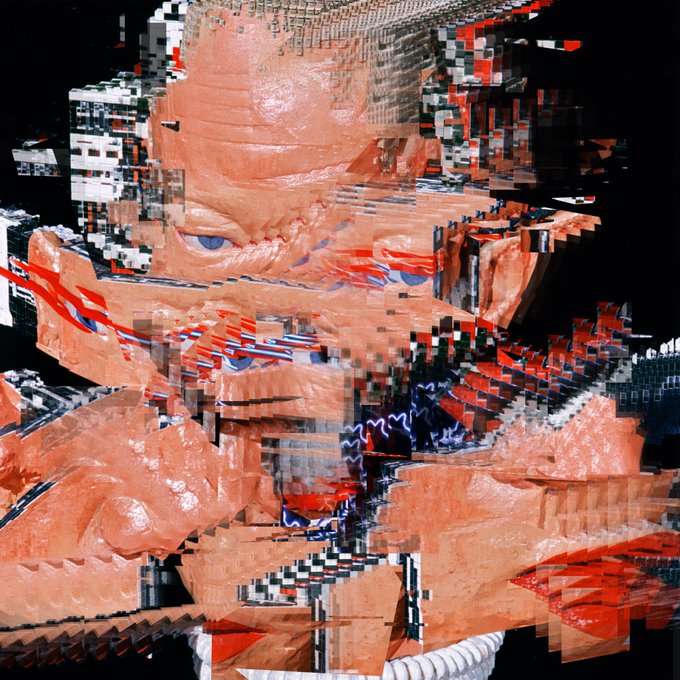 A heavily glitched, pixelated digital art portrait of a face with red, white, and blue distorted features rendered in a fragmented, cubist style against a black background.