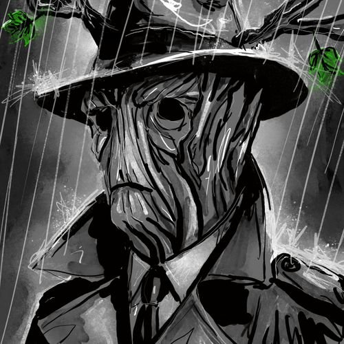 A dark, sketchy illustration of a figure in a wide-brimmed hat and trench coat with a bandaged face, standing in the rain with green glowing eyes peering from the shadows.