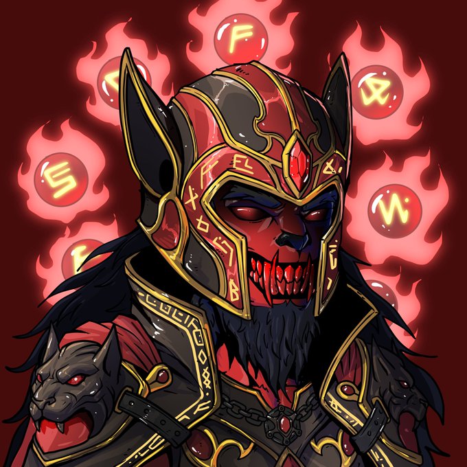 Digital artwork of a fearsome warrior wearing ornate red and black armor with a horned helmet and skull-like mask, set against a background of flaming orbs containing mysterious runes.