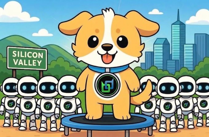 A cartoon illustration shows a smiling tan and white dog standing on a platform in front of a 'SILICON VALLEY' sign, flanked by rows of small robots and a city skyline.