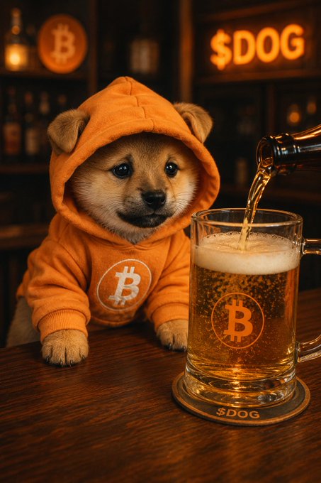 The image features a small dog wearing an orange hoodie with the Bitcoin symbol, sitting at a bar counter next to a glass of beer. The dog appears to be enjoying its time at the bar, possibly waiting for some leftovers or simply relaxing in the company of other patrons.