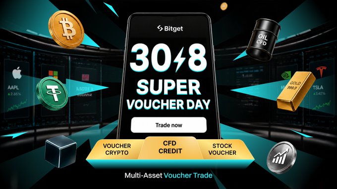 A Bitget promotional graphic advertises their "30.8 SUPER VOUCHER DAY" with a "Trade now" button and tabs for Voucher Crypto, CFD Credit, and Stock Voucher, surrounded by images of a Bitcoin coin, Tether, oil barrel, gold bar, and stock tickers (AAPL, TSLA). The image directly illustrates the Super Voucher Day 30.8 program mentioned in the post, which announces a giveaway of $5 vouchers to 25 lucky participants by end of day.