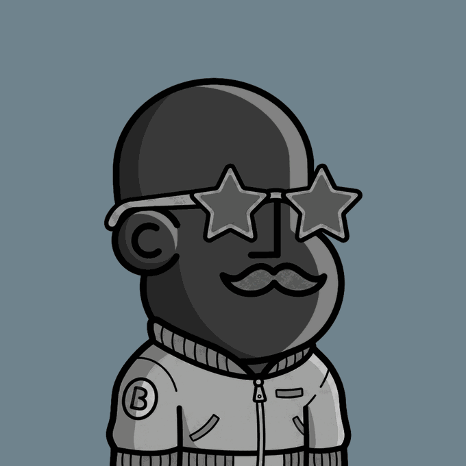 Minimalist cartoon character with a black round head, star-shaped sunglasses, a small mustache, and a gray zip-up jacket with a 'B' logo patch, set against a blue background.