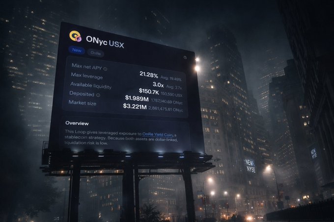 A futuristic billboard in a city at night displays 'ONyc USX' with details including Max net APY 21.28%, Max leverage 3.00x, Available liquidity $150.7K, Deposited $1.989M, and Market size $3.221M, noting leveraged exposure to OnRe Yield Coin.
